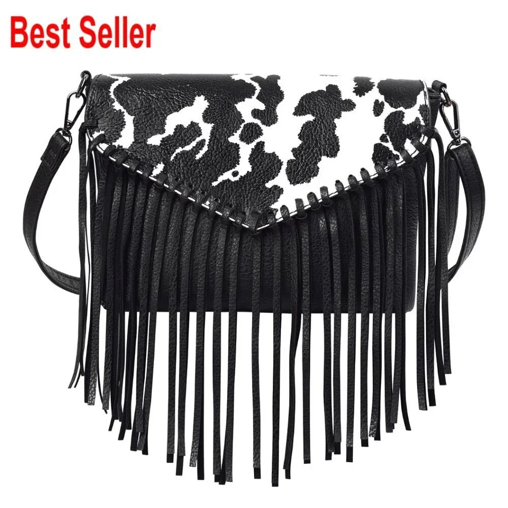 PU Leather Hobo Crossbody Bag with Fringe Tassel Western Style